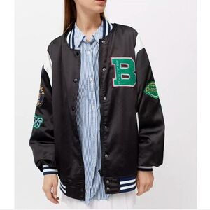 BDG Black Satin Varsity Jacket with Patches